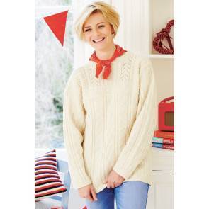 Knitted cable sweater for a woman with round neck and long sleeves