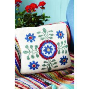 Jane Crowfoot square knitted cushion decorated with a flower motif 