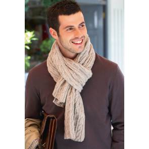 Cable knitted scarf for a man shown in biscuit colour yarn
